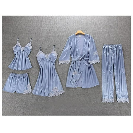 Ladies Satin Pajamas Set 5 Pieces Silk Lace Long Sleeve Pants Bathrobe Nightdress Sleepwear for Womens Woman Gray
Ladies Satin Pajamas Set 5 Pieces Silk Lace Long Sleeve Pants Bathrobe Nightdress Sleepwear for Womens Woman Gray