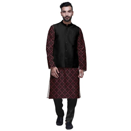 Atasi Printed Kurta With Solid Pajama & Nehru Jacket Set For Mens Party Wear