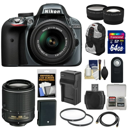 Nikon D3300 Digital SLR Camera & 18-55mm G VR DX II (Grey) with 55-200mm VR II Lens + 64GB Card + Backpack + Battery & Charger + Tele\/Wide Lens Kit Nikon D3300 Digital SLR Camera & 18-55mm G VR DX II (Grey) with 55-200mm VR II Lens + 64GB Card + Backpack + Battery & Charger + Tele\/Wide Lens Kit