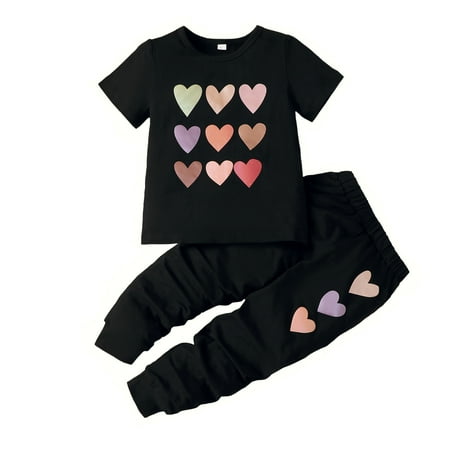 OLLUISNEO 4T Toddler Baby Girls Clothes Baby Girls Short Sleeve Top + Pants 2Pcs Outfits Set Black