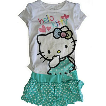 Hello Kitty Little Girls Aqua White Top Polka Dotted Tiered Skirt Outfit 4-6X