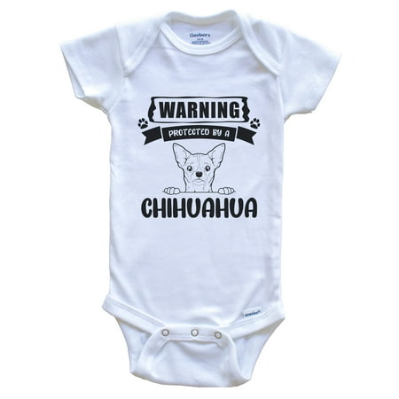 Warning Protected By A Chihuahua Funny Cute Dog Breed Baby Bodysuit