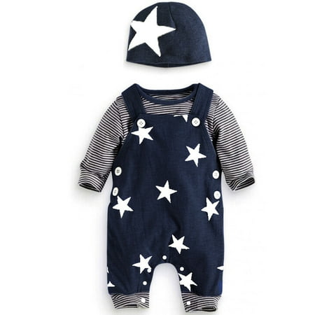 Baby Sets Stripe T-shirt Top Print Suspender Trousersl Hat Outfits Set