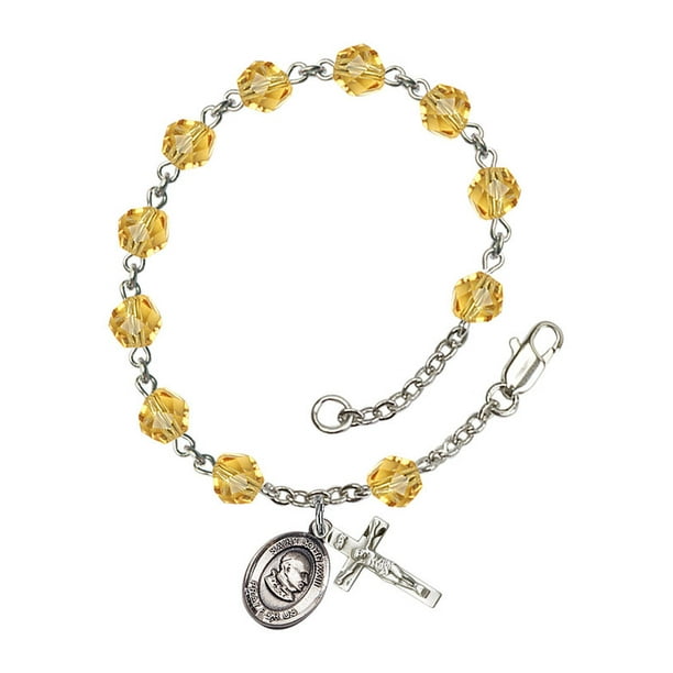 St. John XXIII Silver Plate Rosary Bracelet 6mm November Yellow Fire Polished Beads Crucifix Size 5/8 x 1/4 medal charm