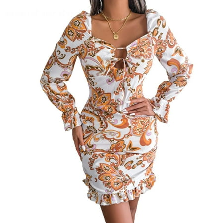 Women s Sexy Tie Square Neck Dress Retro Print Long Sleeve Ruffled Hip Skirt