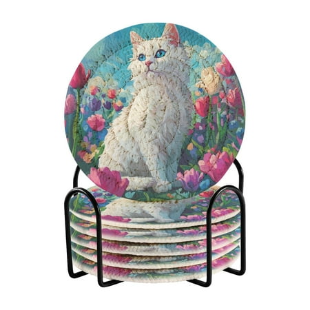 6-Pack Coiled Coasters Set with Storage Rack Heat-Resistant for Home Office or Gift White Cat and Tulips (3.94in Diameter)
6-Pack Coiled Coasters Set with Storage Rack Heat-Resistant for Home Office or Gift White Cat and Tulips (3.94in Diameter)