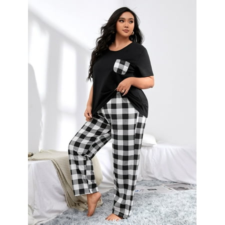 

Women s Plus Gingham Print Pajama Set 4XL(20) Black and White Casual F22001D