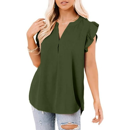 SHUDAGENG Womens Tops Tunic Sleeveless Chemise Solid V-Neck Green S