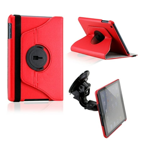 Red Dual Function 360 Degree Rotating PU Leather Case Cover with Car Mount for iPad Mini 1 and 2