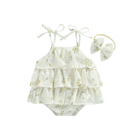 Infant Baby Girl Romper Tie-Up Spaghetti Strap Sleeveless Floral Printed Bodysuit Jumpsuit Pleated Tutu Dress
