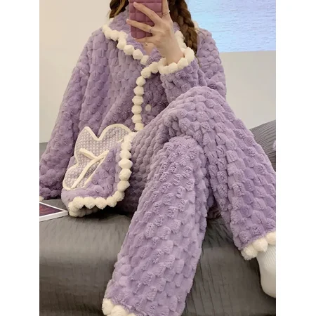 Thick Fleece Thermal Outer Solid Pajamas Set V-neck Pocket Lapel Pajama Top & Plush Pajama Pants Women‘s Loungewear & Sleepwear
Thick Fleece Thermal Outer Solid Pajamas Set V-neck Pocket Lapel Pajama Top & Plush Pajama Pants Women‘s Loungewear & Sleepwear