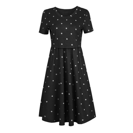SpringTTC Women Breastfeeding Nursing Short Sleeve Striped Print Loose Waist Maternity Dress