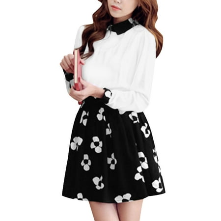 Women's Black White Slipover Doll Collar Long Sleeve Splicing Design Dress XS