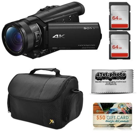 Sony FDR-AX100 4K Ultra HD Camcorder Video Camera + 128GB Memory, Carrying Case, Gift Card, Microfiber Cleaning Cloth