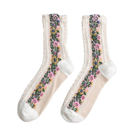 6-Pack Womens Socks Mid Tube Spring Knitted Retro Style Floral Stockings Socks