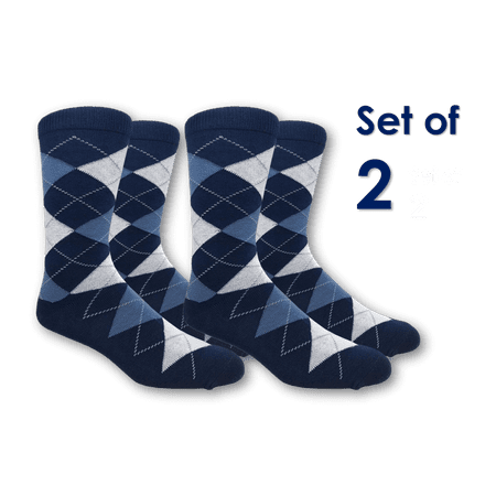 Fine Fit Argyle Crew Socks Wedding Diamond Dress Socks NAVY Blue 2 Pairs