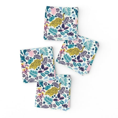 Cocktail Napkins Tropical Wild Cat Rainforest Floral Plam Leaves Set of 4