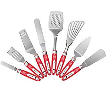 Set of 8 Stainless Steel Spatula Set Flexible Fish Spatula Brownie Spatula Slotted Turner Metal Icing Spatula Set with Plastic Handle(set of 8-red)