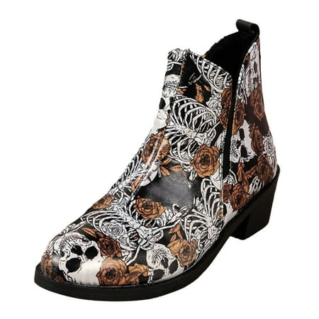 ZMHEGW Womens Boots Fall Ankle Booties Printed Thick Heeled Bare Boots Shoes