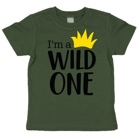 I m A Wild One Crown Boys 1st Birthday Shirt for Baby Boys First Birthday Outfit Military Green Short Sleeved Shirt