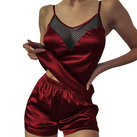 LAPA Women Solid Plunging Neckline Polyester Lace Panel Sling Pajama Set