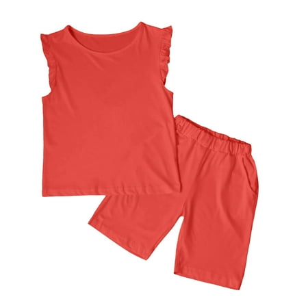 Outfits for Girls Sleeveless Solid T-Shirt Tops Ruffles Vest Shorts Cute Casual Style Suits for Kids
Outfits for Girls Sleeveless Solid T-Shirt Tops Ruffles Vest Shorts Cute Casual Style Suits for Kids