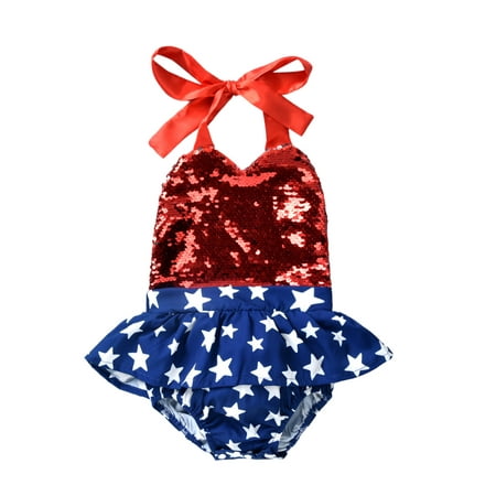 Spring hue Independence Days Baby Girls One Piece Sequined Romper Dress
