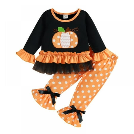 

SYNPOS 9M-4T Baby Girls Halloween Outfits Pumpkin Print T-shirt Tops Polka Dot Pants Outfits Set