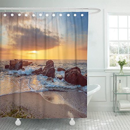 ARTJIA Coast After Sunrise With Rocks Blue Water And Sunny Sky Natural Seasonal Summer Shower Curtain Polyester Bathroom Curtain 60x72 inches