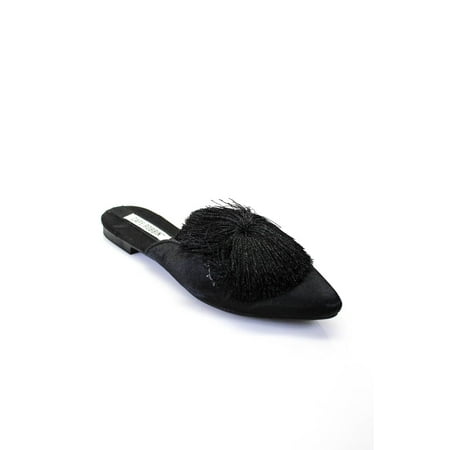 Cape Robbin Womens Slip On Round Toe Fringe Satin Mules Black Size 6.5