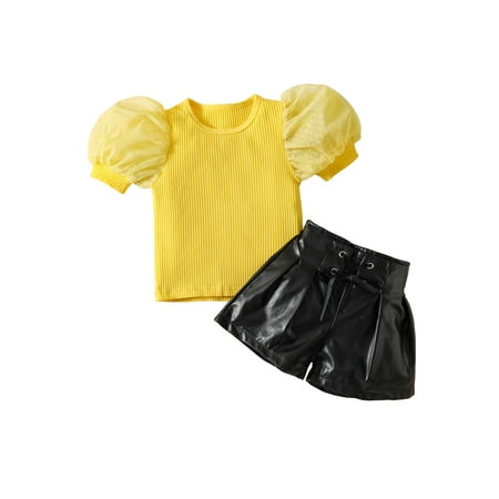 

Sunisery Little Girls Summer Clothes Outfit Mesh Patchwork Short Sleeve Rib T-shirt + Bandage Faux Leather Shorts Yellow 5-6 Years