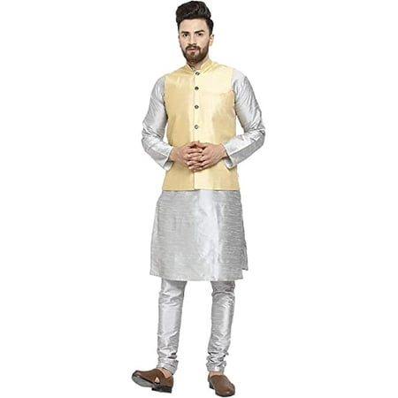 Royal Kurta Men s Silk Blend Kurta Pyjama & Nehru Jacket Set (40 Silver-Gold)
