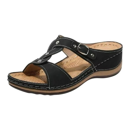 Women Slope Heel Slippers Summer Fashion Slope Heel Thick Soled Massage Retro Beach Slippers