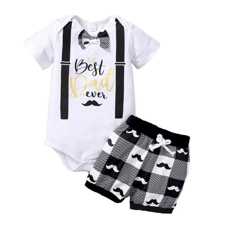 KIMI BEAR Infant Boys Outfits 9 Months Infant Boy Spring Summer Outfits 12 Months Infant Boy Best Dad Letter Prints Short Sleeve Romper + Shorts 2PCS Set White