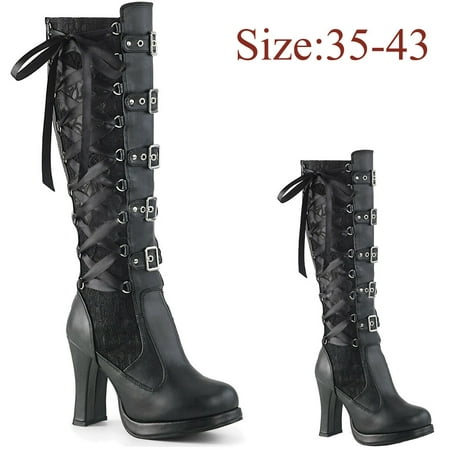 

Fashion Women Cross Tied Leather Kneeth Platform Boots Gothic Bows Shoes Thigh High Flat Boots for Women Womens plus Size Knee High Boots Womens Knee High Boots Low Heel Shoes for Women High