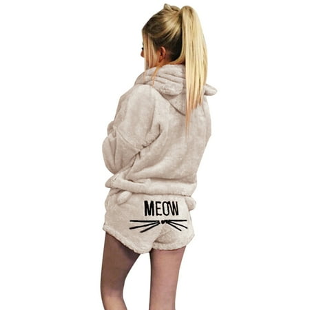 Women Plush Pajamas Set Thick Hoodie Long Tops+Embroidery Shorts Sleepwear Homewear XL 3