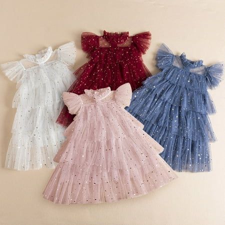 Aayomet Girls Dresses Toddler Girls Fly Sleeve Star Moon Paillette Princess Dress Dance Party Ruffles Dresses Clothes Red 5-6 Years