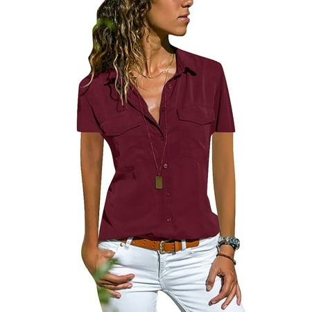 LAPA Women Casual Basic Short Sleeve Shirt Buttons Lapel V Neck Top Blouse
LAPA Women Casual Basic Short Sleeve Shirt Buttons Lapel V Neck Top Blouse