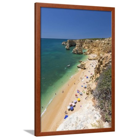 Tourists on Sandy Beach Praia Da Marinha Surrounded by Turquoise Ocean, Caramujeira Framed Print Wall Art By Roberto Moiola