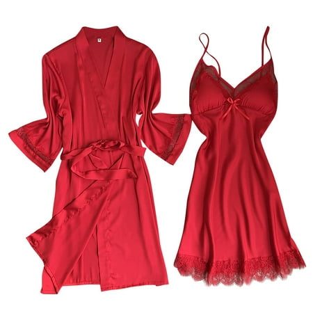 

Follure Lingerie Pajama Sets for Women Satin Silk Pajamas Cardigan Nightdress Bathrobe Robes Sleepwear Underwear