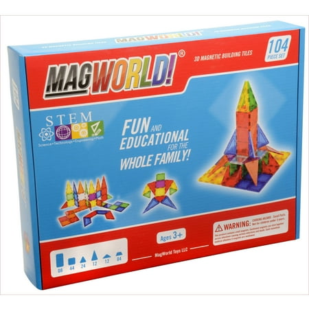 MagWorld Toys Rainbow 3D Magnetic Building Tiles, 104 Piece