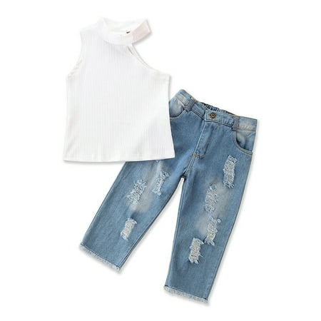 PBaeM Toddler Girl s Summer Outfits Pit Stripe Sleeveless Top Ripped Jeans 2Pcs Set Sizes 12M-5T
PBaeM Toddler Girl s Summer Outfits Pit Stripe Sleeveless Top Ripped Jeans 2Pcs Set Sizes 12M-5T