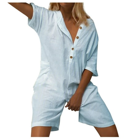Summer Jumpsuit for Women Short Rompers Casual Loose Button V Neck Shirts Onesie Cotton Linen Solid Jumpsuits
Summer Jumpsuit for Women Short Rompers Casual Loose Button V Neck Shirts Onesie Cotton Linen Solid Jumpsuits