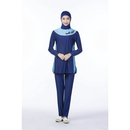 Summer Women Printing Long Sleeve Color Matching Hooded Top+Trousers for Swimming blue M