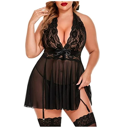 

OAVQHLG3B Plus Size Sexy Lingerie for Women Sex Play Deep V Bowknot Halter Babydoll Nightdress with Garter Belt Lace Chemises