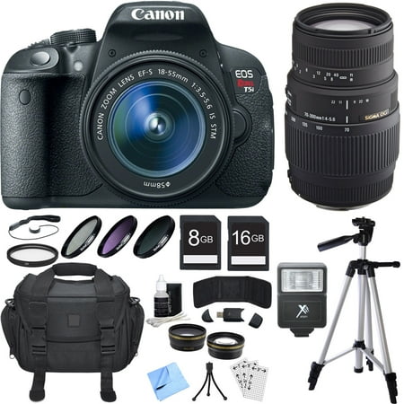 Canon EOS Rebel T5i 18MP Digital SLR Camera with 18-55mm and 70-300mm Lens Bundle includes Rebel T5i, 18-55mm Lens, 70-300mm Lens, 16GB + 8GB SDHC Memory Cards, Bag, Tripod, Beach Camera Cloth + More Canon EOS Rebel T5i 18MP Digital SLR Camera with 18-55mm and 70-300mm Lens Bundle includes Rebel T5i, 18-55mm Lens, 70-300mm Lens, 16GB + 8GB SDHC Memory Cards, Bag, Tripod, Beach Camera Cloth + More