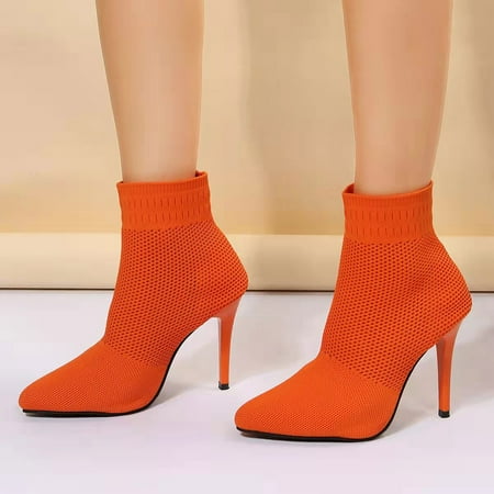 Gubotare Ankle Boots for Women Women s Elastic Boots Block Heel Ankle Boots Strap shoes (Orange 6.5)