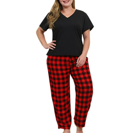 Fueri Women Plus Size Pajamas Set Plaid Lounge Pants V-Neck Short Sleeve Cotton Solid Color T Shirt 2 Piece Sleepwear XL-5XL
Fueri Women Plus Size Pajamas Set Plaid Lounge Pants V-Neck Short Sleeve Cotton Solid Color T Shirt 2 Piece Sleepwear XL-5XL