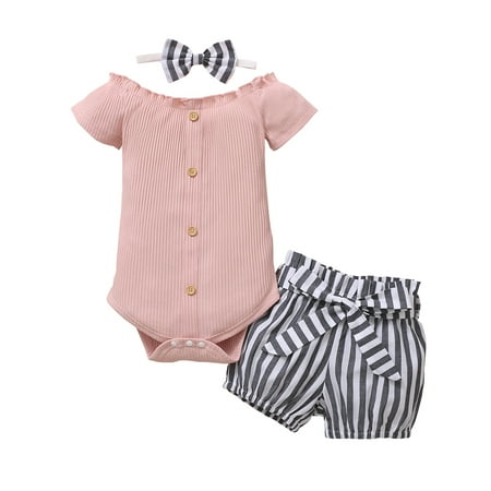 KIMI BEAR Newborn Baby Girls Romper Outfits 6 Months Newborn Girls Summer Clothes 9 Months Girls Cozy Pit Stripe Short Sleeve Romper Shorts Headband 3PCs Set Pink
KIMI BEAR Newborn Baby Girls Romper Outfits 6 Months Newborn Girls Summer Clothes 9 Months Girls Cozy Pit Stripe Short Sleeve Romper Shorts Headband 3PCs Set Pink