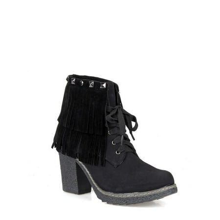 Nature Breeze Chunky Heel Women s Fringe Booties in Black
